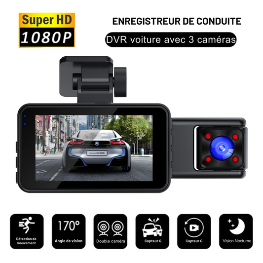 Dashcam Voiture Full HD 3 Caméras Avant/Intérieur/Arrière avec Vision Nocturne et WiFi – S-E®