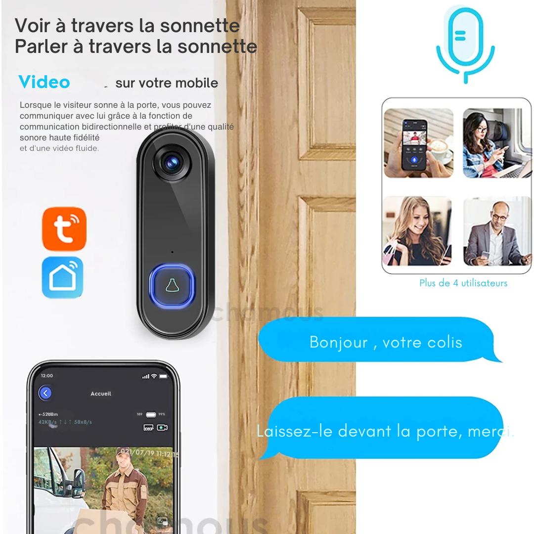 Visiophone Connecté Full HD 1080P avec Angle de Vue 166° Vision Nocturne et PIR – CHAMOUS®