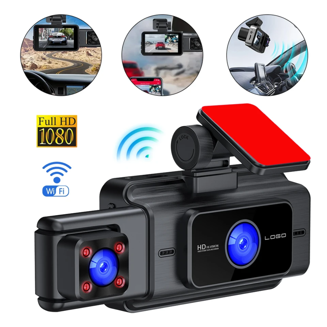 Dashcam Voiture Full HD 3 Caméras Avant/Intérieur/Arrière avec Vision Nocturne et WiFi – S-E®