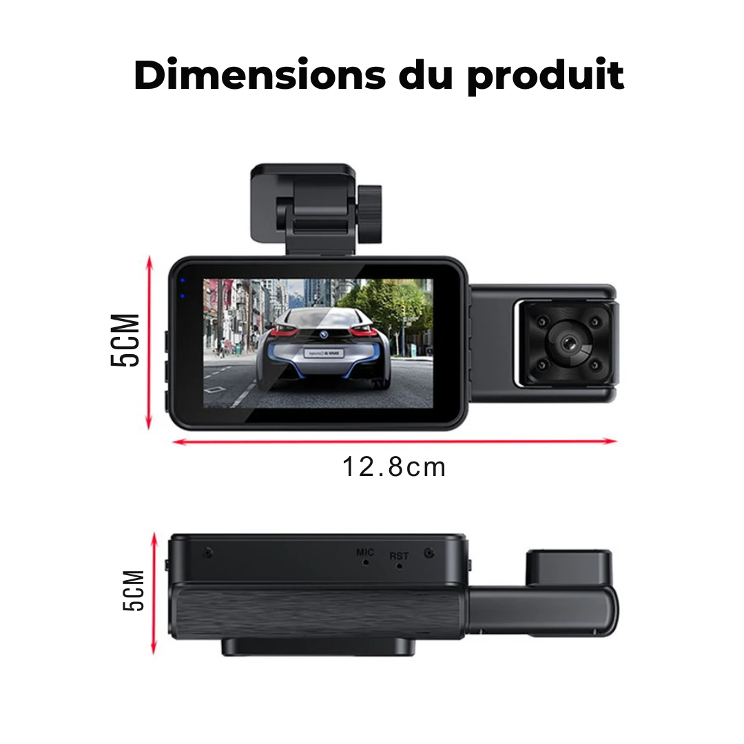 Dashcam Voiture Full HD 3 Caméras Avant/Intérieur/Arrière avec Vision Nocturne et WiFi – S-E®