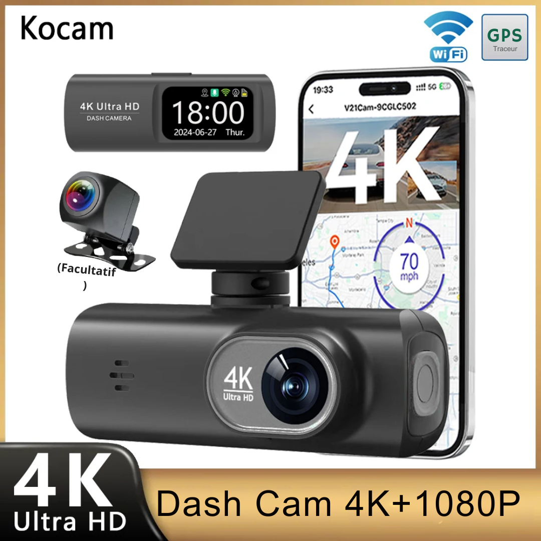 Dashcam Voiture 4K Ultra HD Avant + 1080P Arrière avec Vision Nocturne – Kocam®