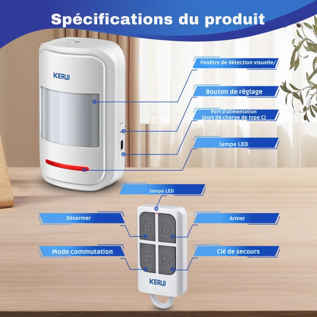 Détecteur de Mouvement Sans Fil avec Alarme 100dB – KERUI®
